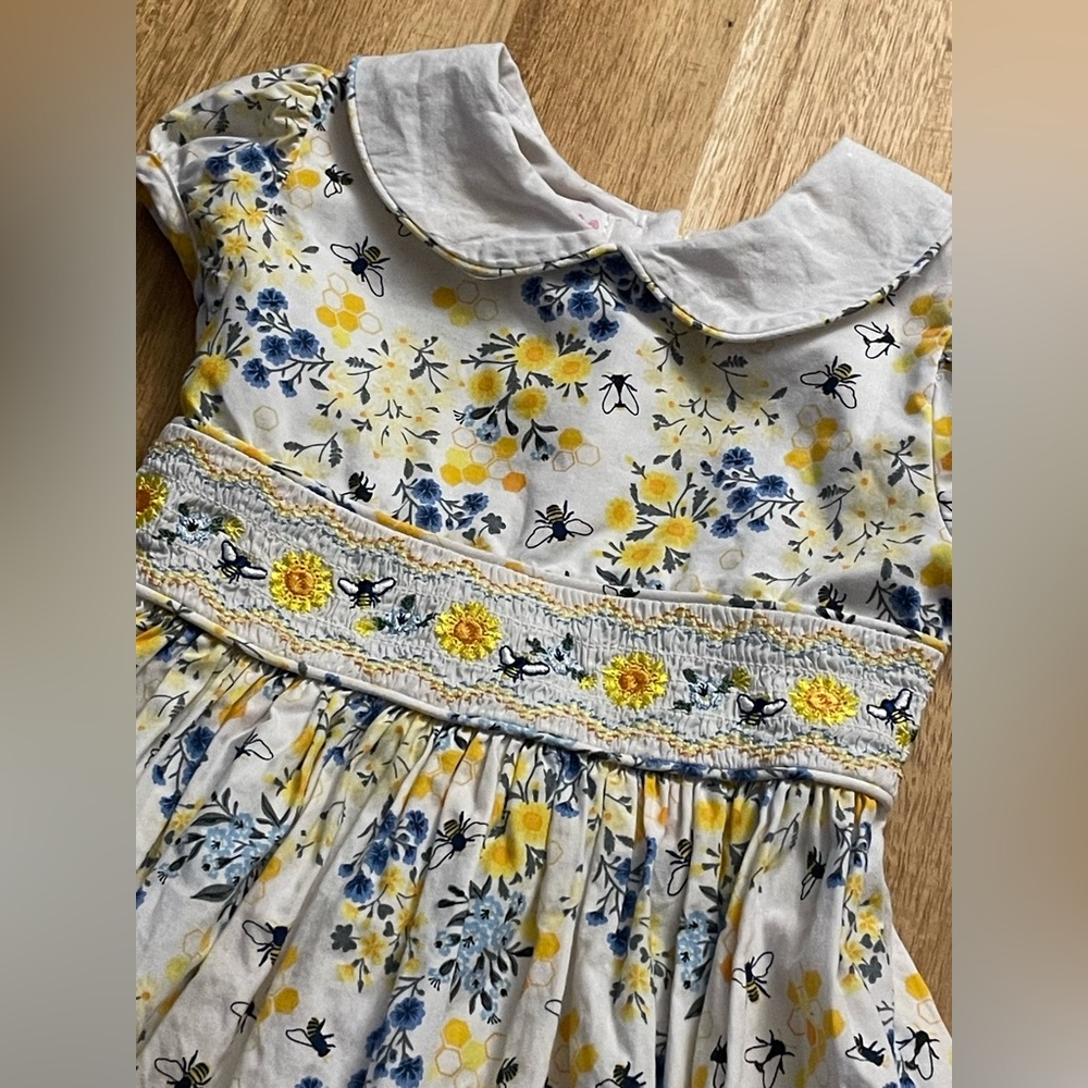 Bonnie Jean girls' yellow and blue floral smocked bee dress - Picture 3 of 5